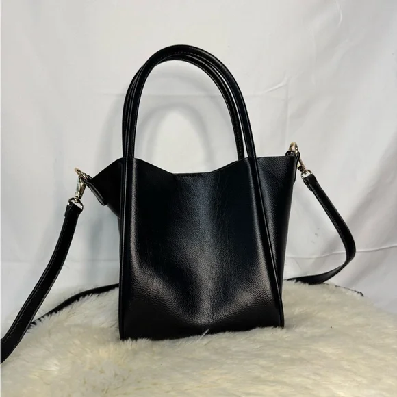 Black Faux Leather Handbag with Gold Hardware- Like New! - Picture 4 of 12